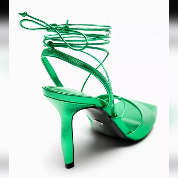 NWOT Zara Metallic Green Lace-up Leather Sandals, Size 7.5 - Picture 4 of 17